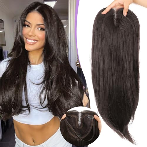 Eawwii Dark Brown Hair Toppers for Women with Thinning 3D 360° Cover Clip in Wispy Bangs Upgraded Adjustable Bandage 24 Inch Long Layered