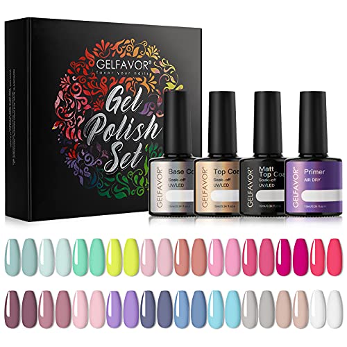 Gelfavor Gel Nail Polish 24Pcs Nail Polish Set Pink Blue Green Yellow Soak Off UV/LED Gel Nail Polish Kit Starter Kit with Glossy & Matte Top Coat and Base Coat Primer for Home DIY Nail Salon Gel Nail Polishes Nail Art Manicure Kit Gel Polish Gift Se