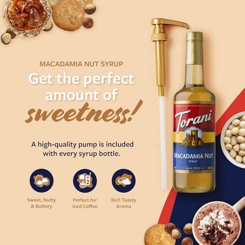 Image of Torani Coffee Syrup, Macadamia Nut Flavoring for Drinks, Glass Bottle with Pump Included, 25.4 Fl Oz