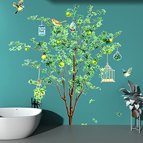 CIMEYOUS Self-Adhesive Plant Wall Murals ,DIY Wall Stickers with Green Trees ,Fruits ,Yellow Birds for Living Room ,Sofa ,Bedside Natural Style Decoration Murals Green Leaf Corridor Stickers