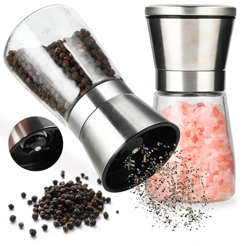 Set di 2 Macina Pepe, Macina Sale e Pepe in Acciaio Inox con Macinino in Ceramica Regolabile, Perfetto per Cucina e Tavola