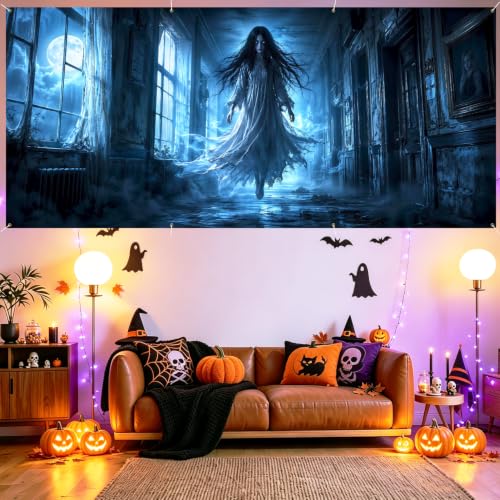 Image of Halloween Garage Door Decorations 6 x 13 ft, Ghost Hall Cover