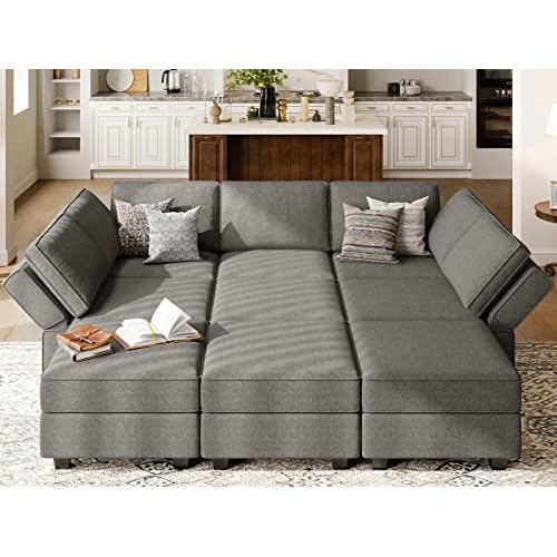 Belffin Modular Sectional Sleeper Sofa Couch with Storage Ottoman Convertible Sectional Couches for Living Room Terry Reversible Chaise. Light Grey Sofa Sleeper 4 Grey
