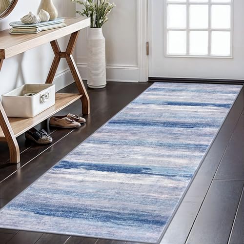 KOZYFLY Modern Abstract Kitchen Runner Rug, 2x6 Washable Rug Runner Non-Slip Soft Striped Hallway Runner Rugs, Blue/Grey/Beige Print Distressed Carpet Runner for Entryway Bathroom Laundry Room Foyer