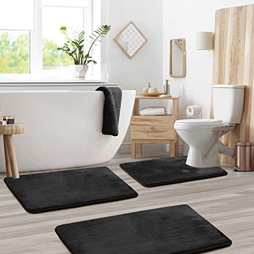 Clara Clark Memory Foam Bath Mat Sets 3 Piece - Non Slip, Absorbent, Soft Bath Rug Set - Fast Drying Washable Bath Mat - Large, Small, and Contour Sizes - Black