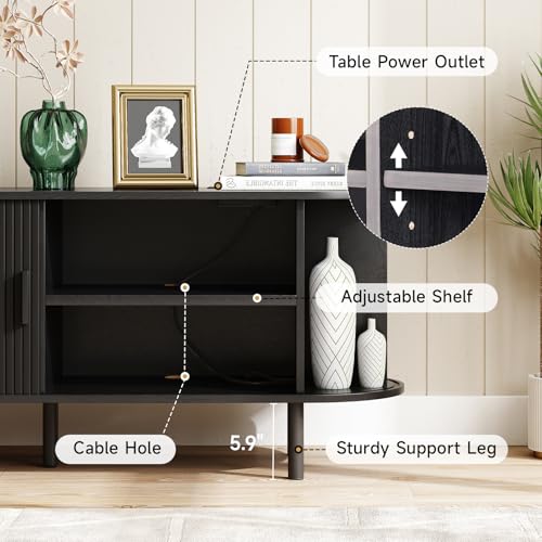Image of ONBRILL 55 inch TV Stand with Power Outlet for TVs up to 60 Inch, Entertainment Center with Storage and Adjustable Shelves, Modern Media Console with Sliding Doors for Living Room, Black