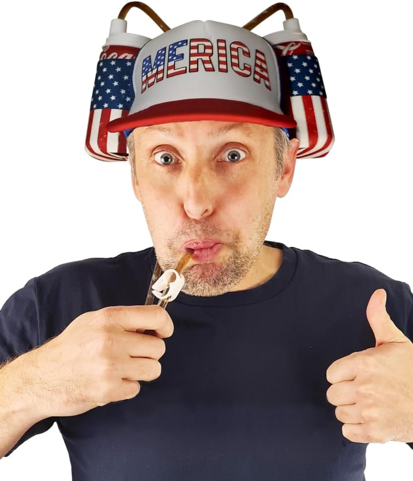HandinHandCreations USA Merica Drinking Cap Adjustable Size Hat with Straw for Soda or Beverage Guzzler Drink Helmet - America Drinking July 4th Costume - All American Party Gear