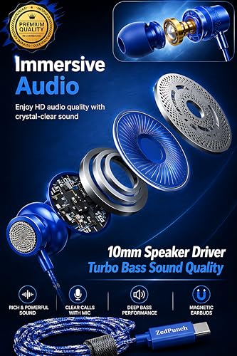 Image of Type-C Wired Earphone with Mic, 10mm Dynamic Bass Driver, Magnetic in-Ear Headphones, Metal Build, Low Latency Sound for Gaming, 3 Button Control, HD Calling, Voice Assistant (Dark Blue)
