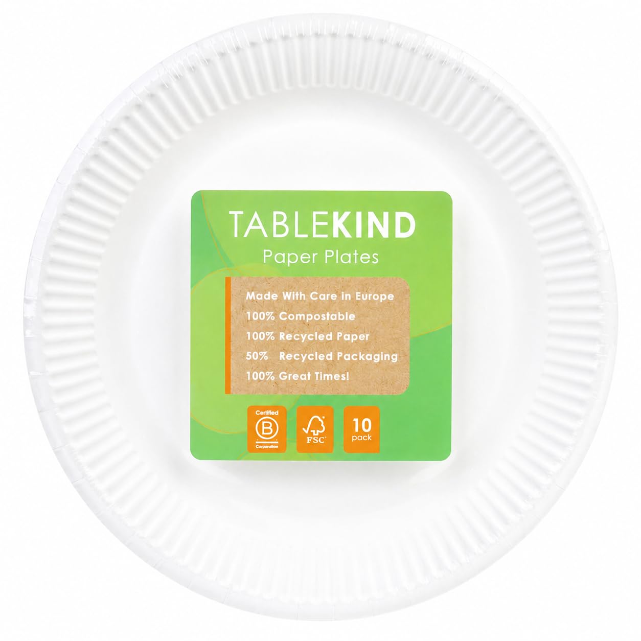 TABLEKIND Compostable Paper Plates 23cm, 10 Pack Disposable Party Plates, FSC Certified Recyclable Plates for Birthdays, BBQs, Picnics & Eco Friendly Party Supplies