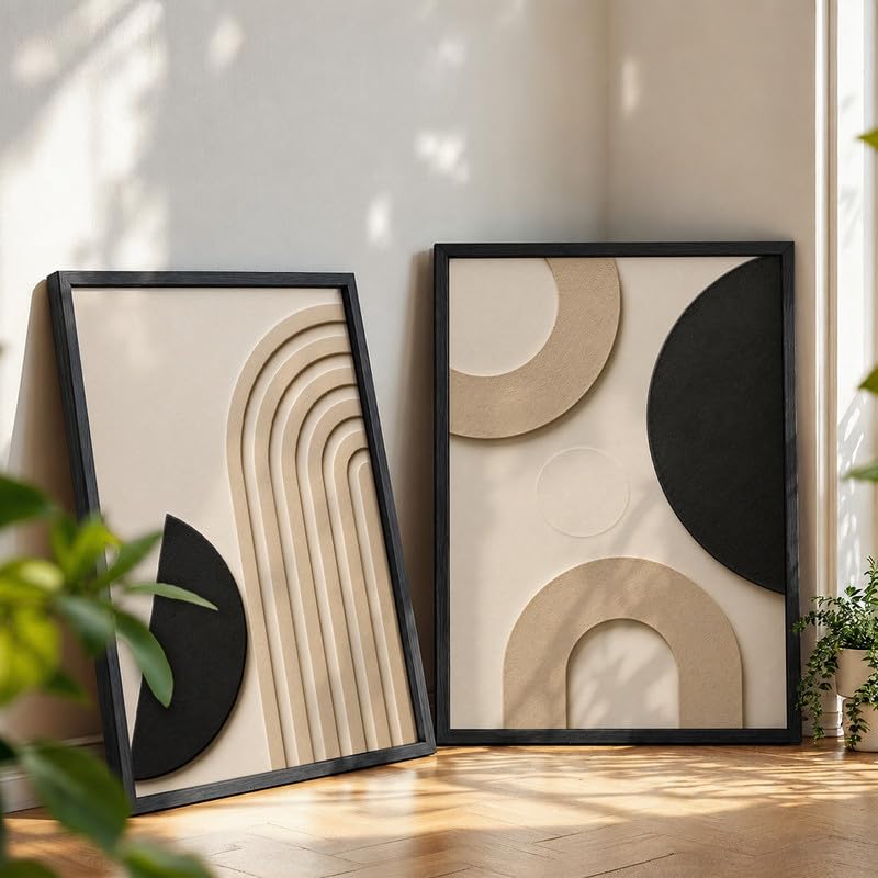 Image of NoWorries Abstract Geometric Wall Painting Set of 2 with Frame | Black Beige Arch & Circle Texture Artwork, Modern Minimal Wall Decor for Living Room, Bedroom, Office and Home Decoration (Art-20, 10x13inch)