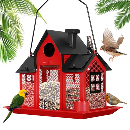 Solar Bird Feeders House for Outside Hanging, Metal Wild Bird Feeder for Outdoors Large Capacity Cardinal Birdfeeder Birdhouses Metal Bird Feeding Station Red