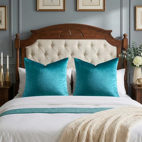 Image of GIGIZAZA Decorative Throw Pillow Covers 16x16,Peacock Green Square Couch Pillow Covers,Velvet Sofa Boho Cushion Pillows