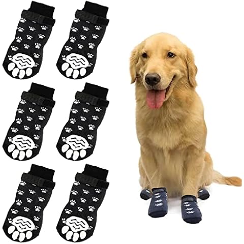 Kingrun Dog Socks 3 Pairs Anti Slip Dog Socks, Pet Paw Protector Soft Adjustable Paw Protection for Old Dog with Strap Traction Control for Pet Indoor Use on Hardwood Floors -M Cover