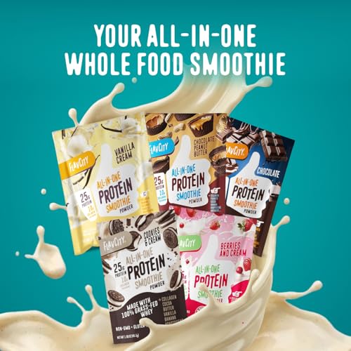 Image of FlavCity All in One Protein Shake Powder Packets - On the Go Meal Alternative + 25g Protein & 10g Collagen, Made with Organic Reishi & Cordyceps Mushrooms - No Added Sugars, Variety 10 Pack