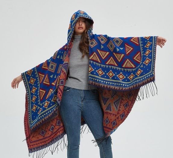 Women's Vintage Pattern Open Front Hooded Poncho Cape Shawl Winter Shawl Wraps4