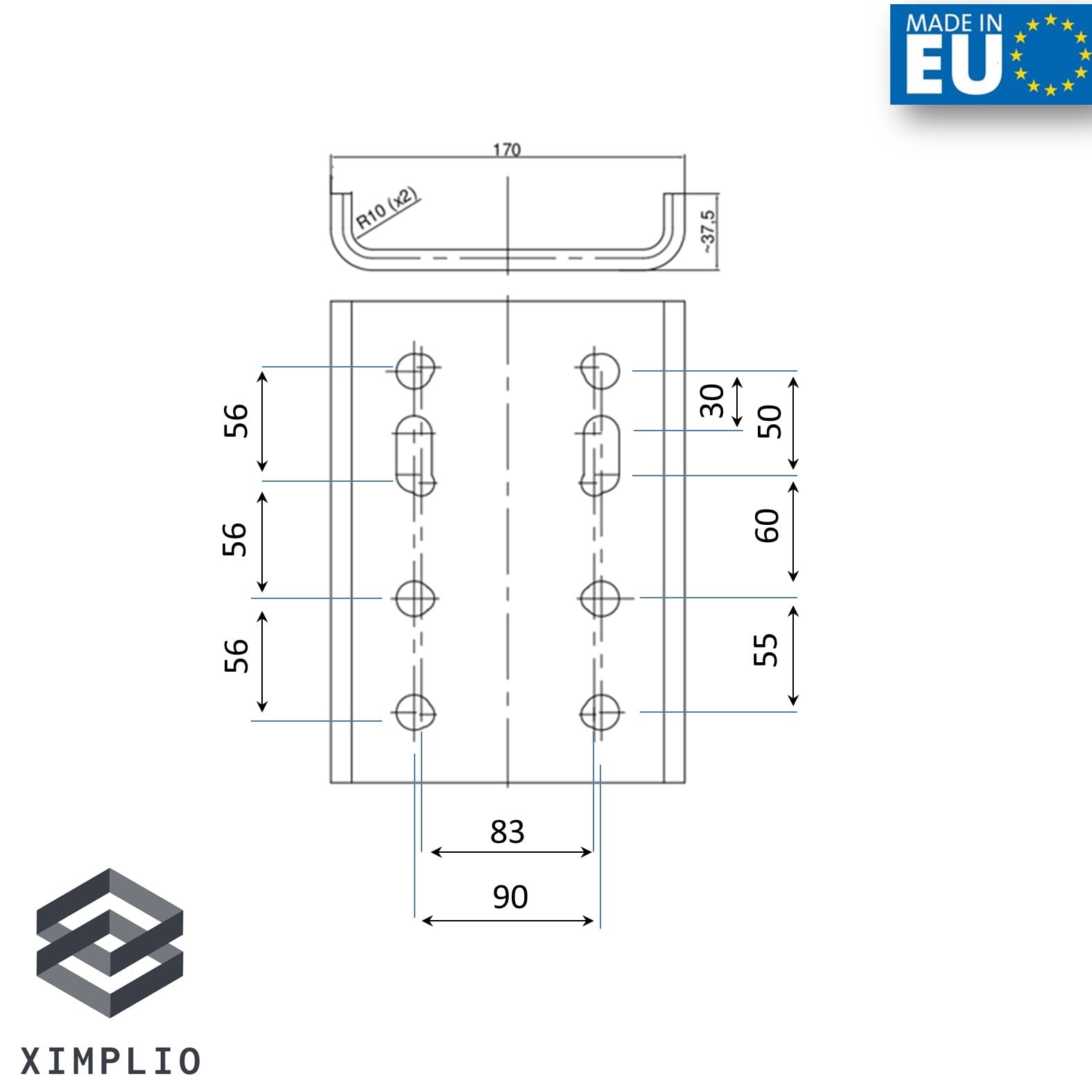 XIMPLIO Plaque d'adaptation universelle pour hauteur de boule avec ABE pour attelage de remorque, plaque de fixation AHK 2 trous 90 mm/4 trous 83 x 56 mm (avec vis 4 x M10)