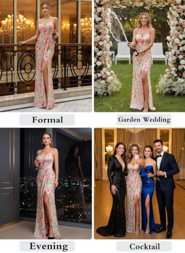 Image of VFSHOW Womens Sexy Spaghetti Strap Formal Prom Evening Gala Long Maxi Dress | Ruched Hight Slit, Sweetheart, Cocktail Wedding Guest Fitted Bodycon Gown