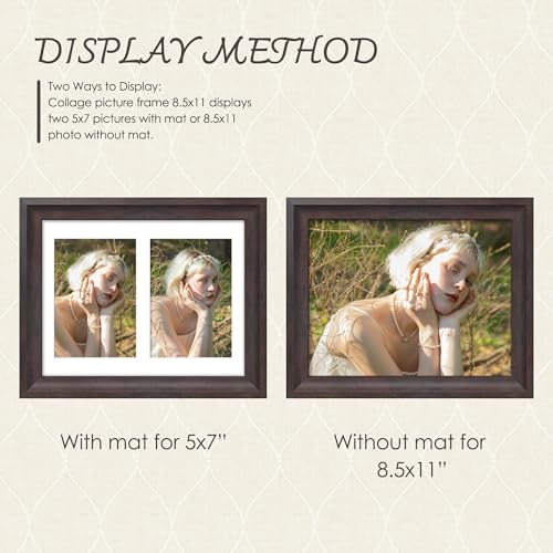 Image of DUENPY 8.5x11 Picture Frame 5x7 Collage Picture Frame Displays Double 5x7 inch Photos or 8.5x11 Certificate (Without Mat) Wall Decor or Tabletop Walnut