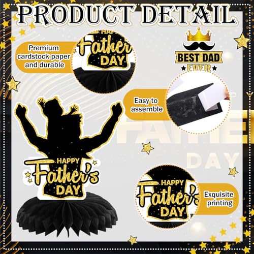 Image of 12 Pcs Father's Day Decorations Honeycomb Black and Gold Father's Day Centerpieces for Table Best Dad Ever Table Topper for Home Office Birthday Honeycomb Supplies Decor