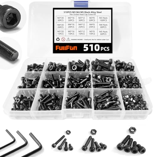 FullFun 510PCS M3 M4 M5 Hex Socket Head Cap Screw Bolts Nuts Assortment Kit, 12.9 Grade Alloy Steel Metric Screws with 3PCS Allen Wrenches, Allen Socket Hex Drive Black Machine Screws Set