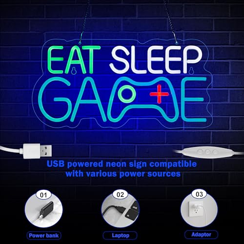 Image of Game Room Decor EAT SLEEP GAME Dimmable LED Neon Sign Beer Bar Man Cave Bedroom Home Art Gaming Neon Light Signs Wall Artwork Sign