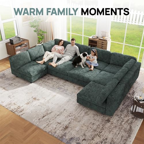 Image of 157 inch Modular Sectional Chenille Sofa bed with Hidden Storage, Comfy Modern 10 Seater Oversized Deep Seat Couch, Modular Sectional with Ottoman and Removable Cover for Living Room, Apartment, Green