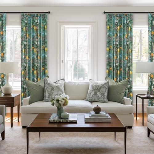 Image of Sage Green Printed Pattern Curtains 96 Inches Long for Living Room,Farmhouse Floral Vintage Art Deco Drapes,Pinch Pleated Blackout Hummingbird Lemon Patterned Window Treatment for Bedroom 2 Panels