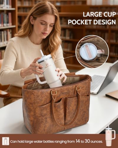 Image of Laptop Tote Bag for Women, Leather Work Tote with Padded Laptop Compartment, Cup Holder, Office Computer Briefcase
