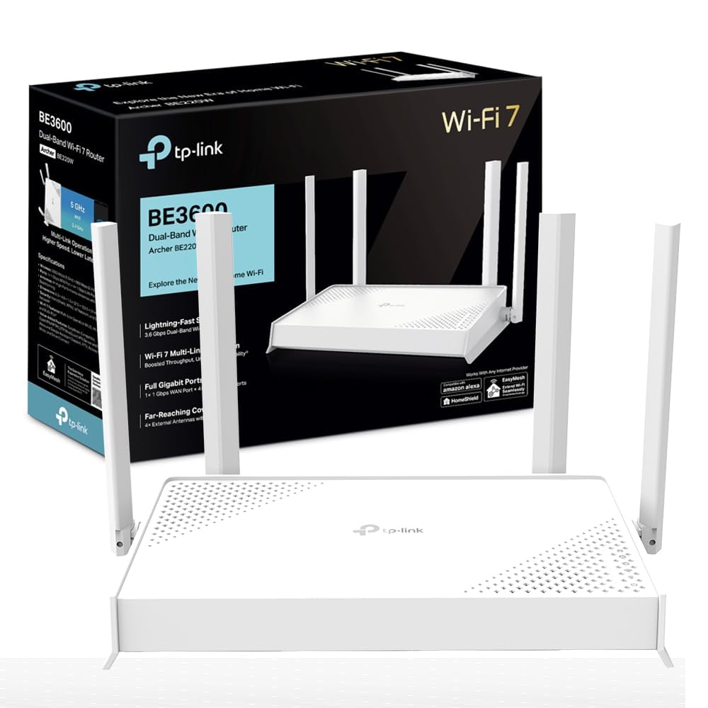 TP-Link Wi-Fi 7 Archer BE220W Router Wi-Fi BE3600Mbps Dual-Band, 5 Porte Gigabit, 4 Antenne Esterne, 4K-QAM, MLO, MU-MIMO, Beamforming, VPN, TP-Link HomeShield, Bianco