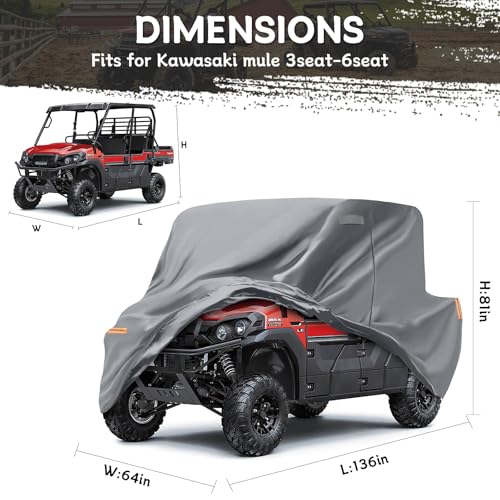 Image of Waterproof UTV Cover Compatible with Kawasaki Mule 3-6 Seats, 6 Layers All Weather Cover with Air Vents, Door Zipper and Windproof Buckles and Bands for Rain Snow Dust Protection
