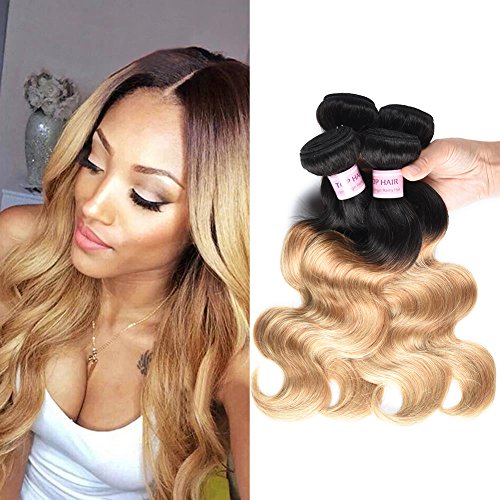 Top Hair Virgin Remy Peruvian Hair 4 Bundles 12"14"16"18" With Ombre Black To Blonde Extensions And Ombre Two Tones Blonde Hair 1B/27 100g/Bundle