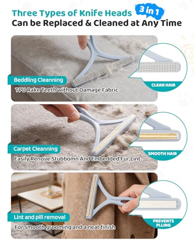 Carpet Rake for Pet Hair Removal, Reusable Pet Hair Remover Tool with 54 Inch Adjustable Long Handle, 3 Piece Carpet Scraper Set with Pet Bath Brush for Rugs, Couch, Furniture and Stairs - Image 4