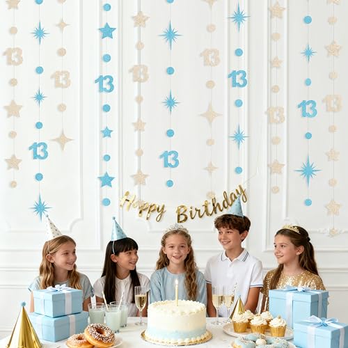 Image of Champagne Gold Blue 13th Birthday Decorations Number 13 Circle Dot Star Garland Streamer Banner Backdrop for Girls Boys Official Teenager Cheers to 13 Years Old Happy 13th Birthday Party Supplies