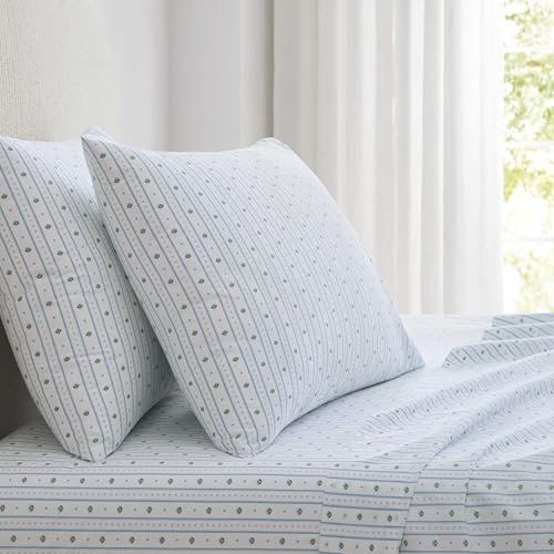 Image of Martha Stewart - Queen Size Sheet Set, Crisp & Tailored Sheets with a Smooth Cotton Percale Feel - Floral Bed Sheets with Matching Pillowcases & Fitted Sheet (Floral Stripe Blue)