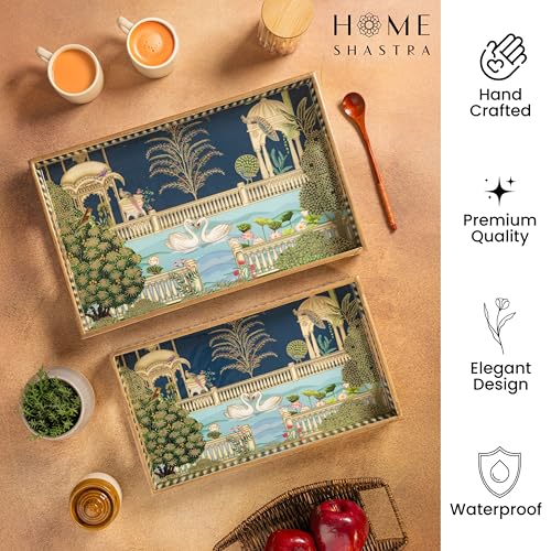 Image of Swan Wooden Serving Tray with Gold Engraving | Set of 2 | Size : 16 x 10 inch & 14 x 8 inch | Enamel Coated Waterproof | Rectangular | Swan Set of 2