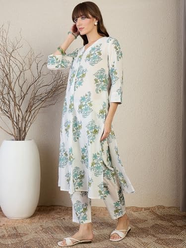Image of INDO ERA Women's White Pure Cotton Printed Straight Kurta & Pant Set (KS0WH6702)