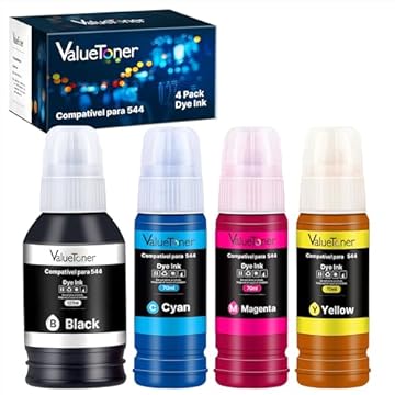Valuetoner Kit 4 Refil Tintas para Epson 544 T544 Compatível para Epson Impresoras Ecotank L1210 L1250 L3210 L3250 L3251 L3260 L5290