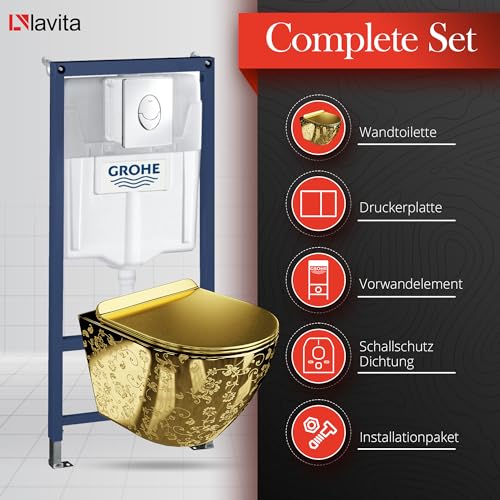 LAVITA Vorwandelement Solido Start + Wand Hänge WC Sofi Slim Golden Eye Gold Spülrandlos + WC-Sitz SoftClose Verchromter Knopf Komplettset Unterputz Spülkasten Toilette Komplett Sett WC – Bild 4