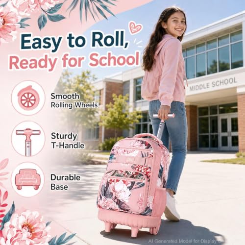 Image of 3Pcs Rolling Backpack for Girls Women, 19 Inche Adults Roller Bag with Wheels, Flower Wheeled Bookbag with Lunch Box(Pink)
