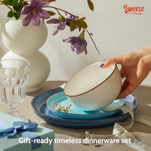 Image of Sweese Plates and Bowls Sets, 18 Piece Dinnerware Set Porcelain Round Dinner Set for 6, Scratch Resistant Dishes Set, Dishwasher and Oven Microwave Safe Handpainted Swirl Dishware Sets, Assorted Blue