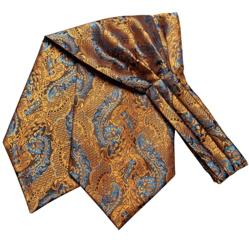 Image of Hi-Tie Silk Ascot for Men Self Tie Men's Cravat and Flower Lapel Pin Handkerchief Cufflinks Set for Wedding Party