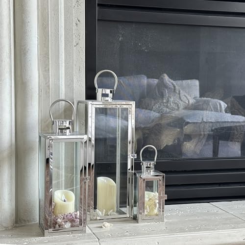 Allgala 3-PC Lantern Set 23 Inch Jumbo Deluxe Modern Indoor/Outdoor Candle Lantern Set Stainless Steel Frame Tempered Glass Rectangular Silver Chrome Color for Garden Poolside Fireplace Wedding