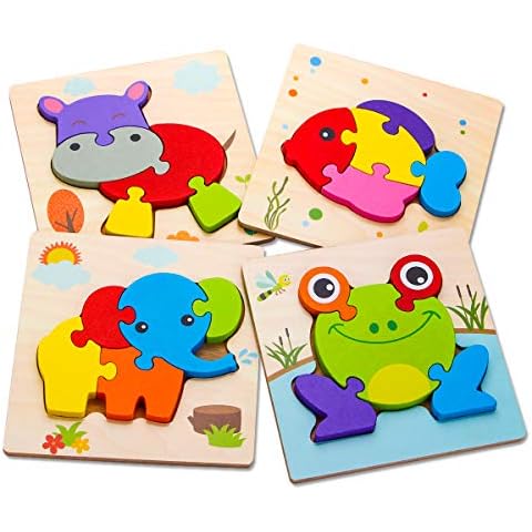 SKYFIELD Wooden Animal Toddler Puzzles for 1 2 3 Years Old Boys & Girls, Baby STEM Educational Toy Gift with 4 Animals Montessori Bright Color Shapes Learning Puzzles,Great Gift Ideas for 1-3 Cover