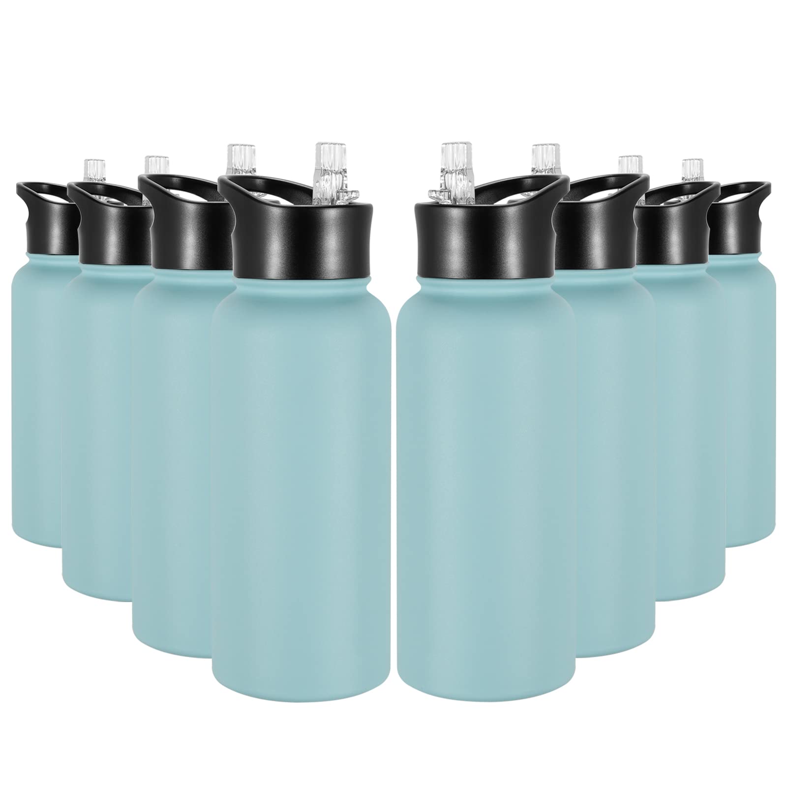 32 oz Insulated Water Bottle Bulk 8 Pack, Stainless Steel Sports Water Bottles with Straw Lid & Wide Mouth Lids, Double Walled Vacuum, Leak Proof, Turquoise Blue