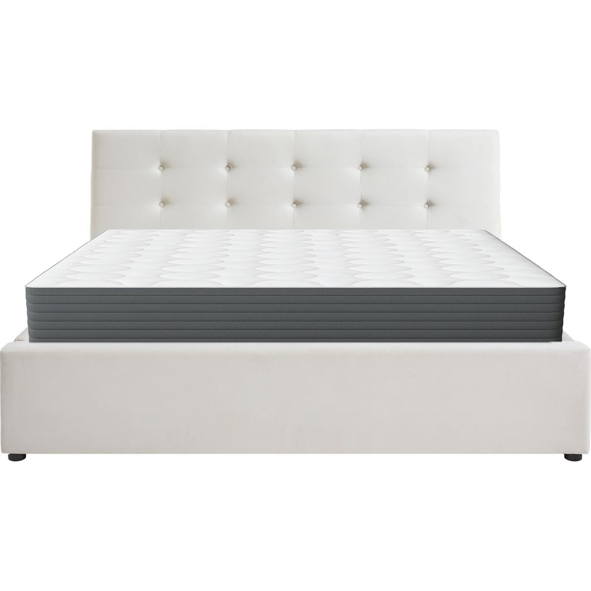 HOMIFAB Ensemble Lit Coffre Adulte 140x190cm avec tête de lit en Velours Beige - Tina + Matelas mémoire de Forme - Memo HR