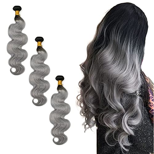 WunnSvm Silver Grey Bundles Human Hair Brazilian Vingin Hair 3 Bundles 1b/Grey Body Wave Bundles Two Tone Ombre Peruvian Virgin Hair Weaves Black To Gray Color(20 22 24)Inch