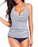 Yonique Tankini Swimsuits for Women Tummy Control Bathing Suits Two Piece Tankini Tops with Bikini Bottoms Plus Size Swimwear Blue and White Stripe XL