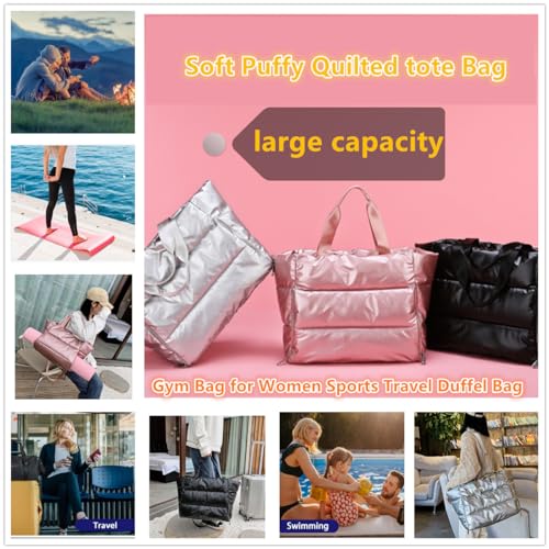 Women Large Quilted Puffer Tote Bag, Sports Gym Bag with Wet Pocket Travel Duffel Bag Large Capacity Weekender Bag for Yoga3