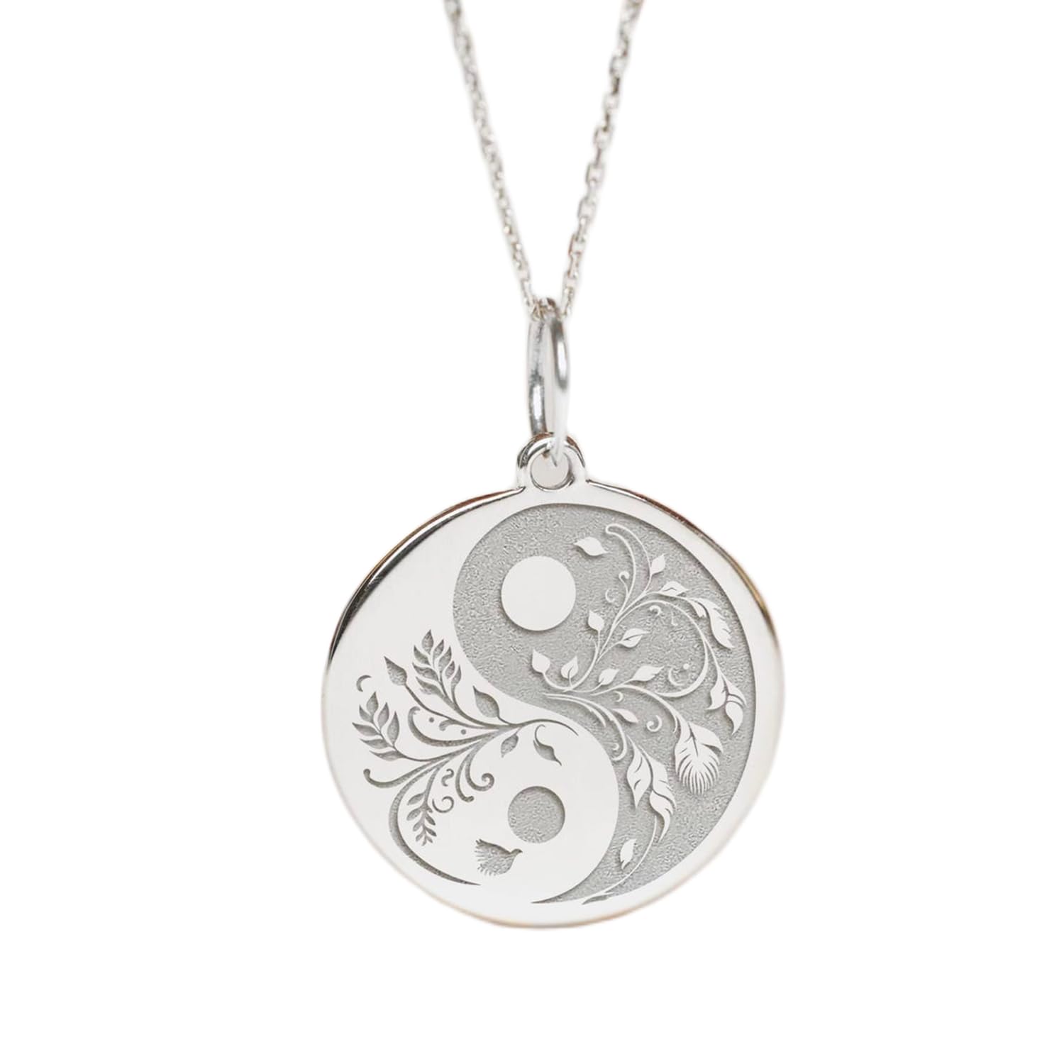 Ying Yang Blatt 24mm Gravur Münze Anhänger Halskette mit 18 Zoll Panzerkette | 925 Sterling Silber | Unisex Schmuck Geschenk | WW_PNDN_2304