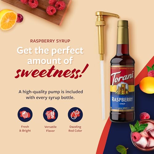Image of Torani Raspberry Syrup for Drinks, Flavoring for Iced Tea, Lemonade, and Sodas, Pump Included, 25.4 Oz
